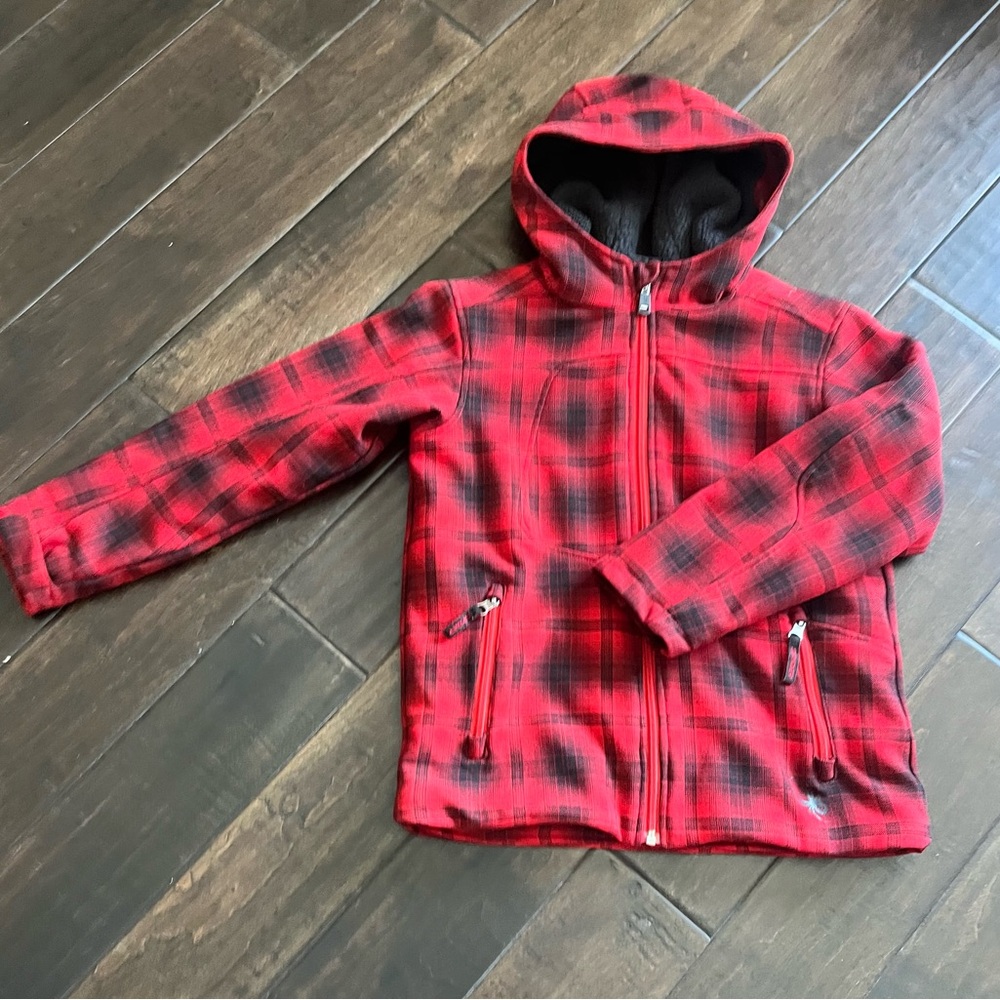 Spyder Red Hoodie with Plaid Design and Full-Length Zipper